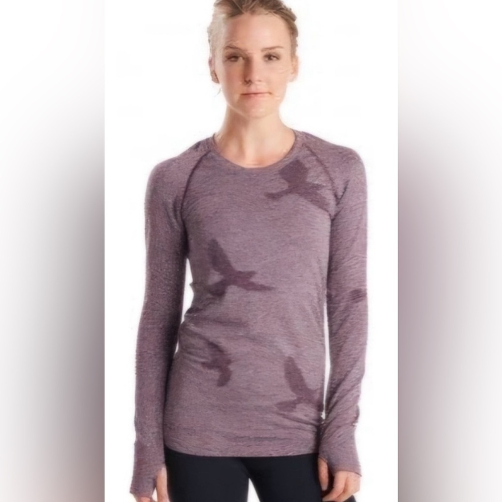Oiselle Flyte birds  Long Sleeve Running Shirt  top burgundy sz S